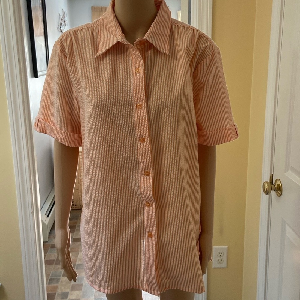🍍 Boca bay Polyester Button Down Short Sleeve Shirt Orange Striped Large